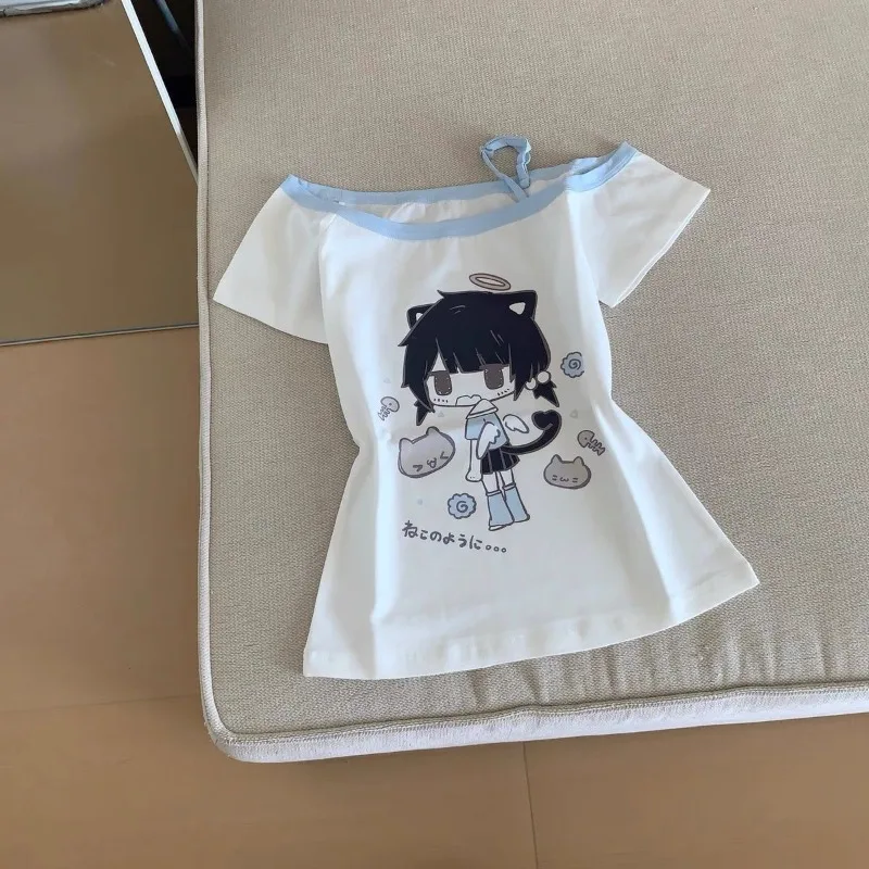 Japanese Y2K Print Skew Collar T-Shirts Summer Off Shoulder Short Sleeve Tee Shirt New Loose All-Match Top for Women - view 3