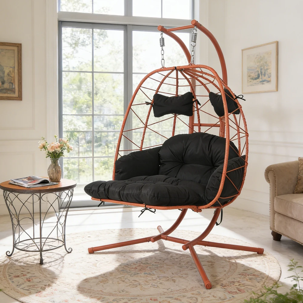 

2-Person Hanging Egg Chair with Stand: Double Outdoor Wicker Swing, Adjustable Footrest & Thick Cushions for Patio/Garden/Balcon