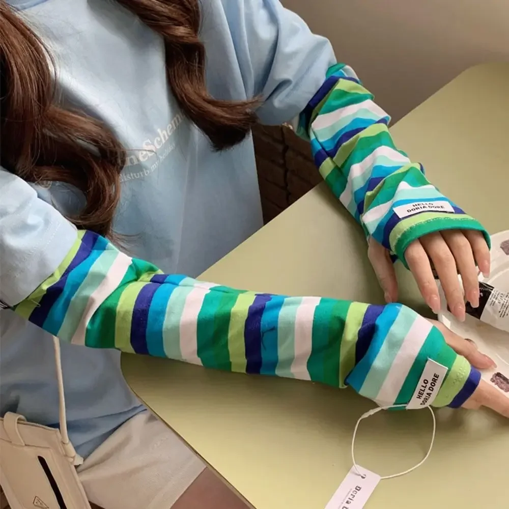 Ice Arm Sleeve Women Soft Loose Stripe Long Fingerless Korean Girls Sun Protection Driving Gloves Breathable Cool Sleeves 쿨토시