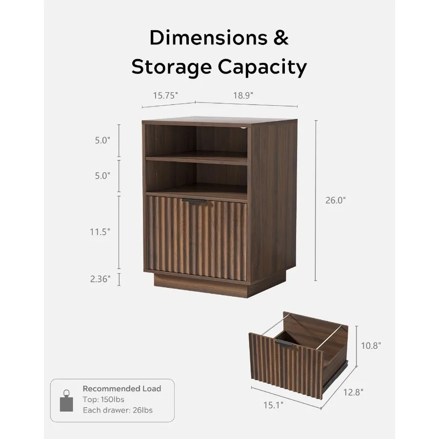 Fluted File Cabinet with Open Shelf, Fits A4 and Letter Size
