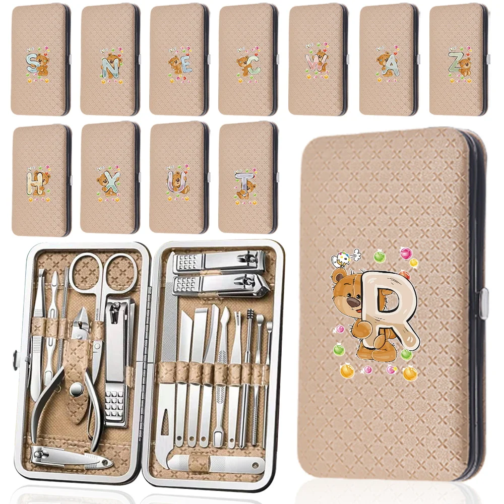 

19Pcs Portable Manicure Set PU Nail Clipper Kit Case Stainless Steel Pedicure Tool Nipper Trimmer Organizer Bear Letter Pattern