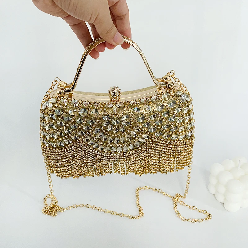 

Вечерняя банкетная сумка с металлической ручкой и кисточкой, блестящая сумка-коробка, большая вместительная женская сумка-клатч со стразами