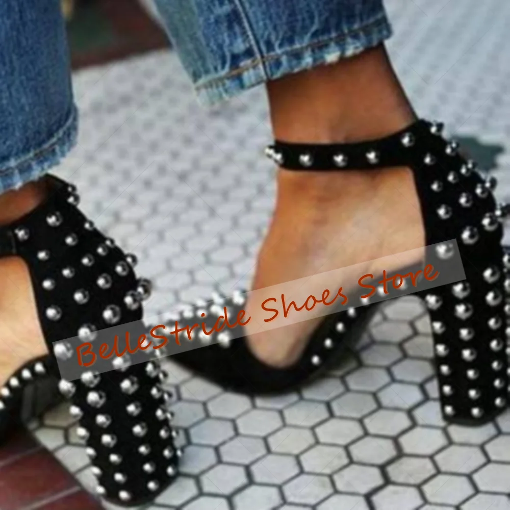 

Black Pointed Toe Rivet Decor Sandals Ankle Strap Women Shoes Chunky High Heels Party Banquet Dating 2025 Zapatos Para Mujere