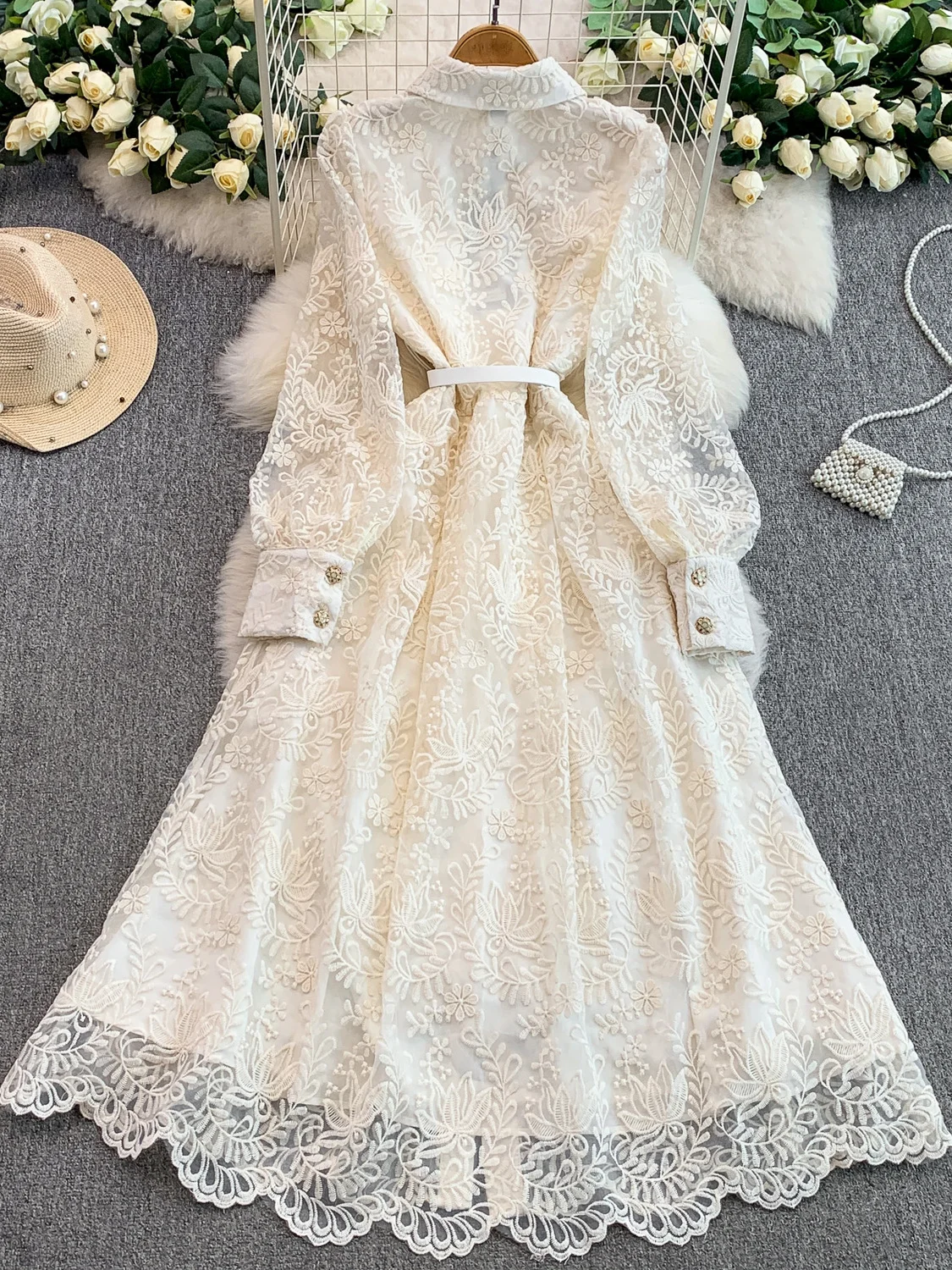 Ele High-End Embroidered Floral Lace Collar Long Dr Women's Spring Autumn Buttoned Waist Cinching A-Line Skirt