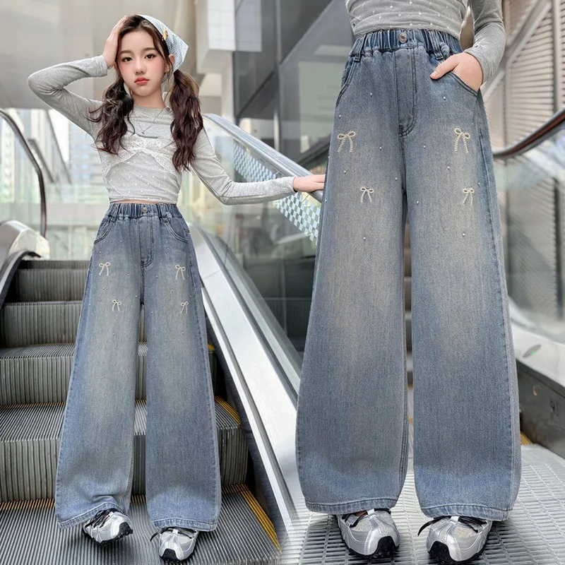 Kids Straight-leg Denim Pants with Bow Embroidery Peal Grils Casual Wide-Leg Jeans Child Spring Fashion Korean Loose Trousers
