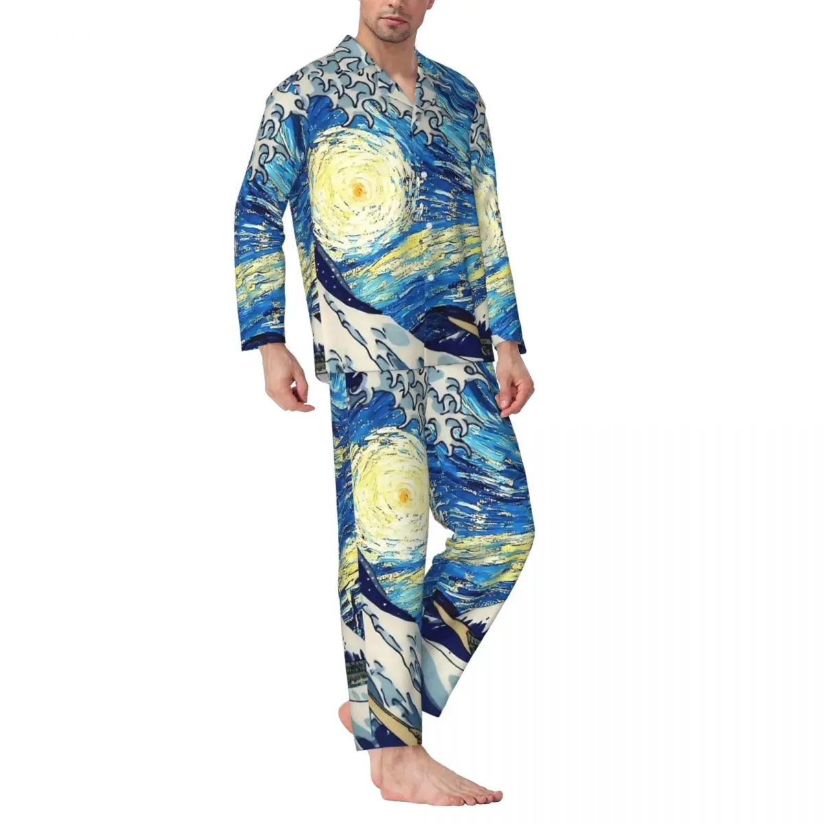 The Great Wave Pajamas Men kanagawa with starry night Trendy Home Nightwear Spring 2 Pieces Casual Oversized Printed Home Suit