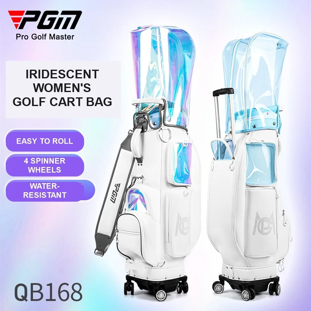 PGM Women's Golf Cart Bag with 4 Spinner Wheels Hidden Trolley Handle Transparent Rain Hood Water Resistant Club Bag