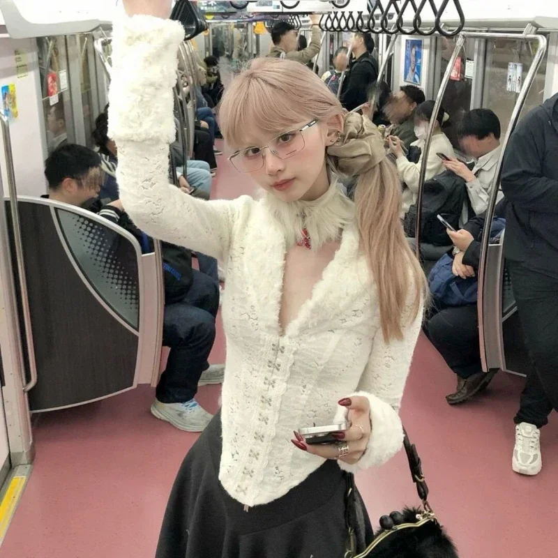 

Harajuku V Neck Hollow Out Long Sleeve Japanese Fashion Blouses Slim Gyaru Subculture Y2k Black Vintage Lace Gothic Women Shirt