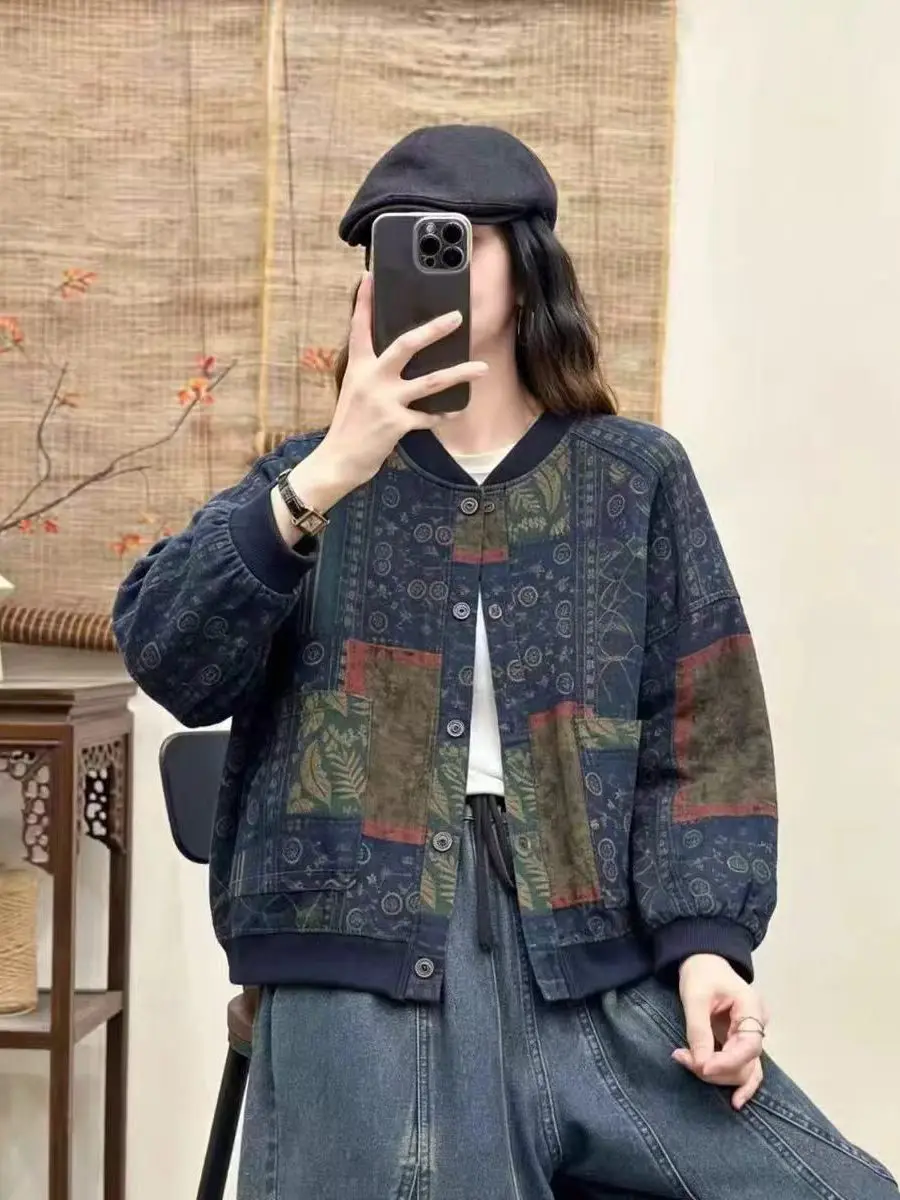 Fashionable Floral Print Oversized Stand Collar Jacket Loose Casual Anti-Aging Ribbed Splicing Women's plus Size Autumn Coat