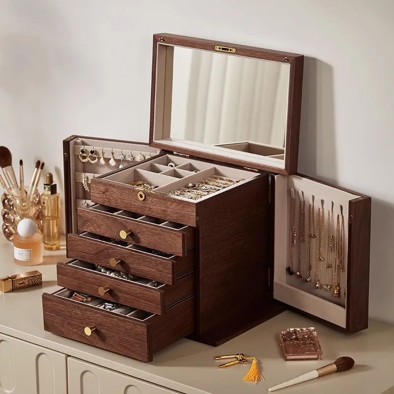 

Деревянный органайзер для ювелирных изделий, винтажная роскошная коробка для хранения, ожерелье, кольцо, серьги, браслет, витрины, шкаф для ювелирных изделий с замком