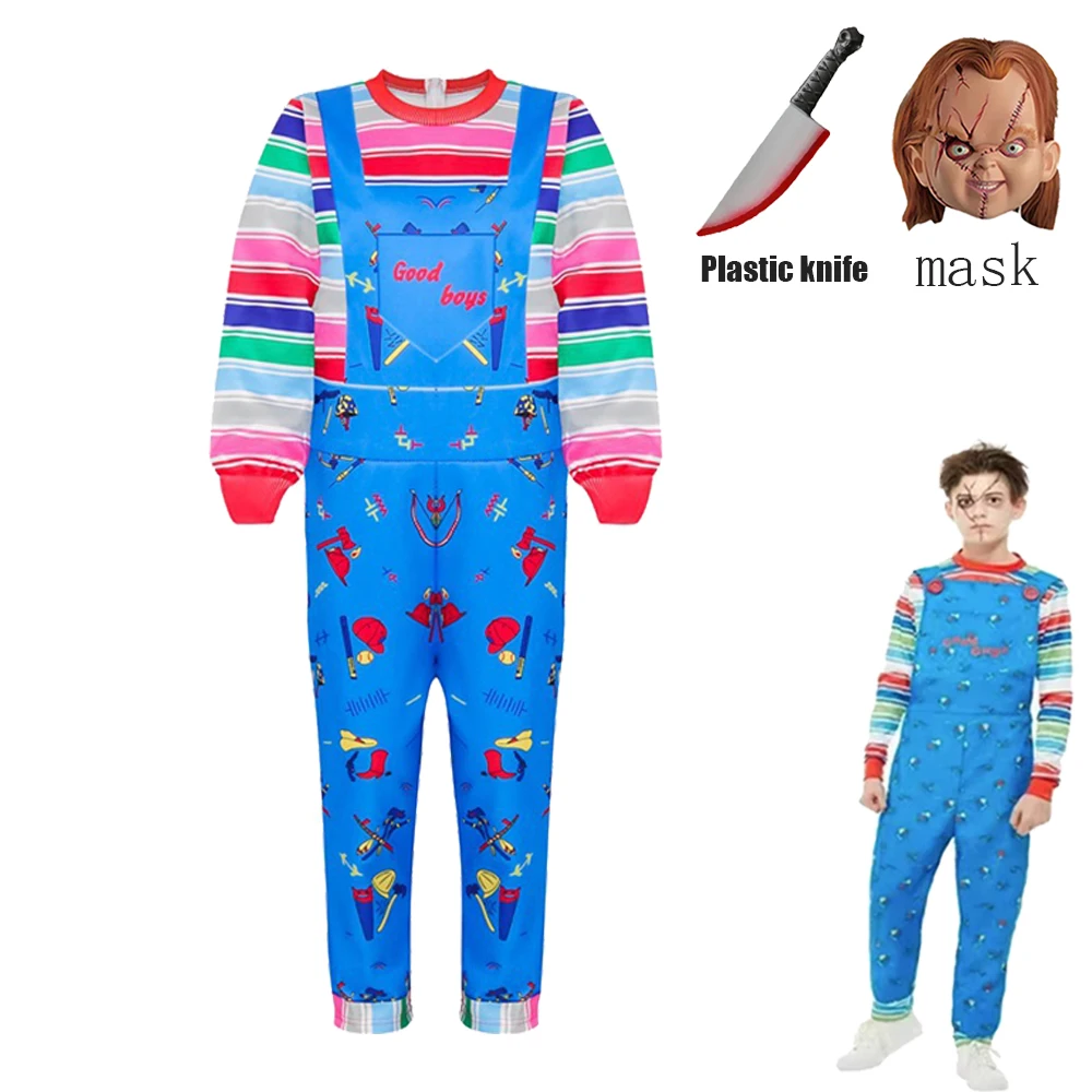New Halloween Chucky Cosplay Costume Ghost Doll Nightmare Children Dress+mask Sets Kids Boys Girls Costumes Carnival Party Gifts