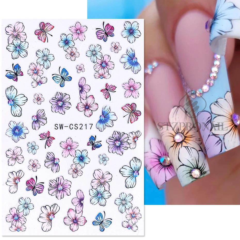 Colorful Gradient Petals Nail Stickers 3D Butterfly Lily Tulip Daisy Flowers DIY Spring Summer Decal Slider Manicure Decoration