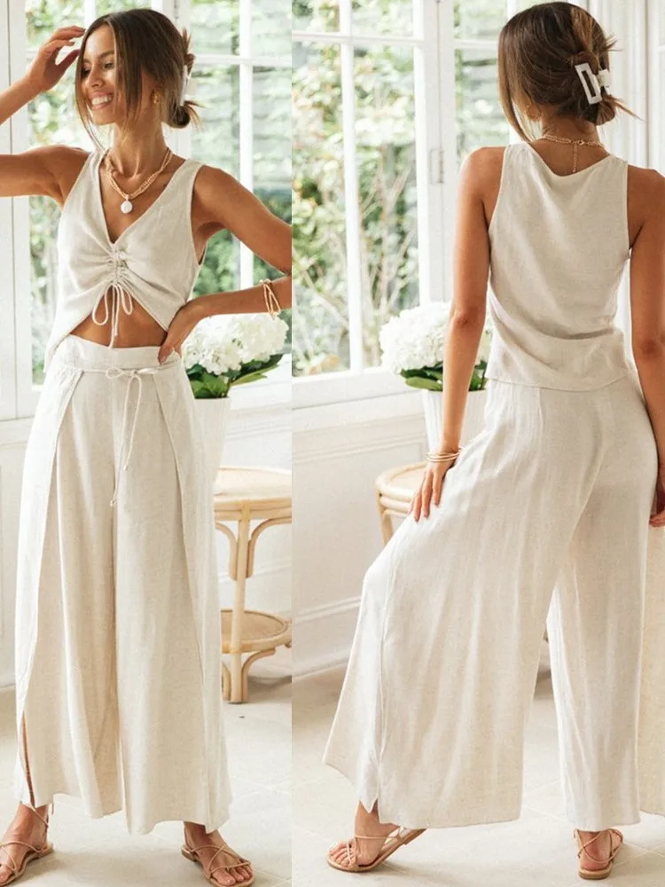 Letni dwuczęściowy zestaw damski w jednolitym kolorze z dekoltem w serek, modny bezrękawnik z sznurowaniem + spodnie z szerokimi nogawkami, elegancki strój do biura.