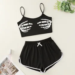 Women's Pajamas Sexy Halloween Skeleton Print Sling Sleepwear Set V-Neck Pyjamas Female Homewear Sleeveless Cute Top And Shorts