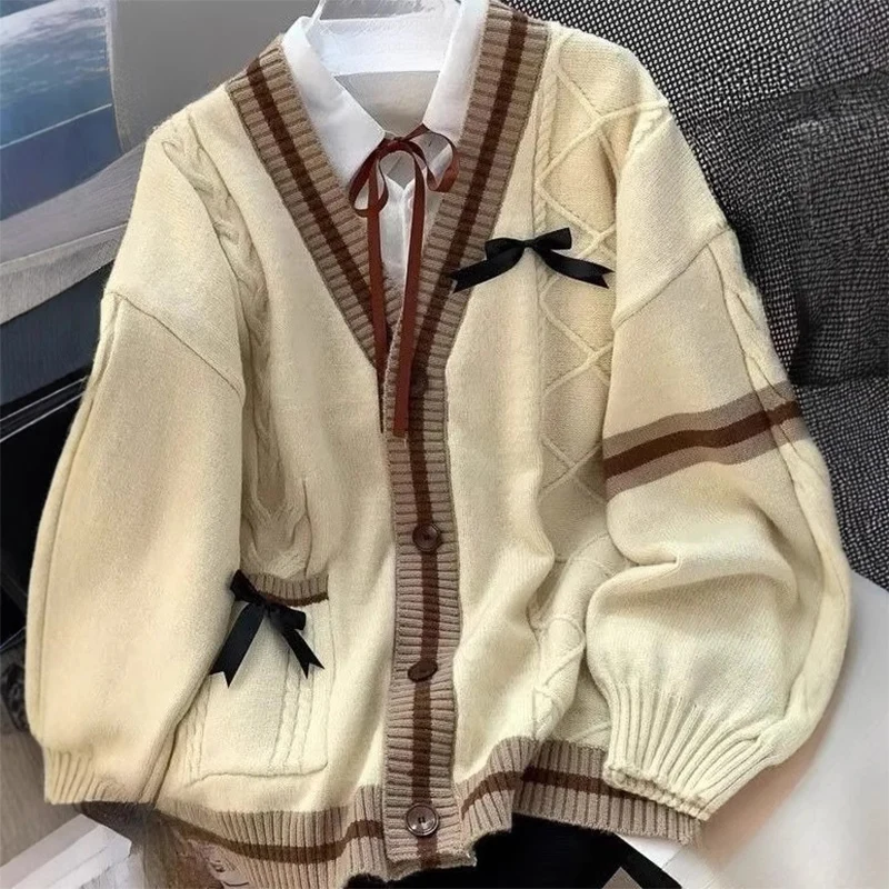 Sweter damski z kokardą, casualowy, słodki, jesienno-zimowy, japoński, klasyczny, w stylu preppy, dzianinowy, płaszcze, Y2K, vintage, kontrastowe kolory, dekolt w serek.