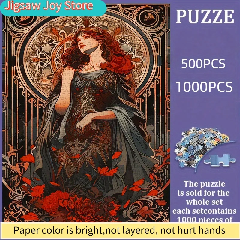 

500/1000pcs DIY Paper Puzzle, Art Nouveau Style Woman with Red Flowers, Dark Series Adult Puzzle, Suitable for Home Leisure, B