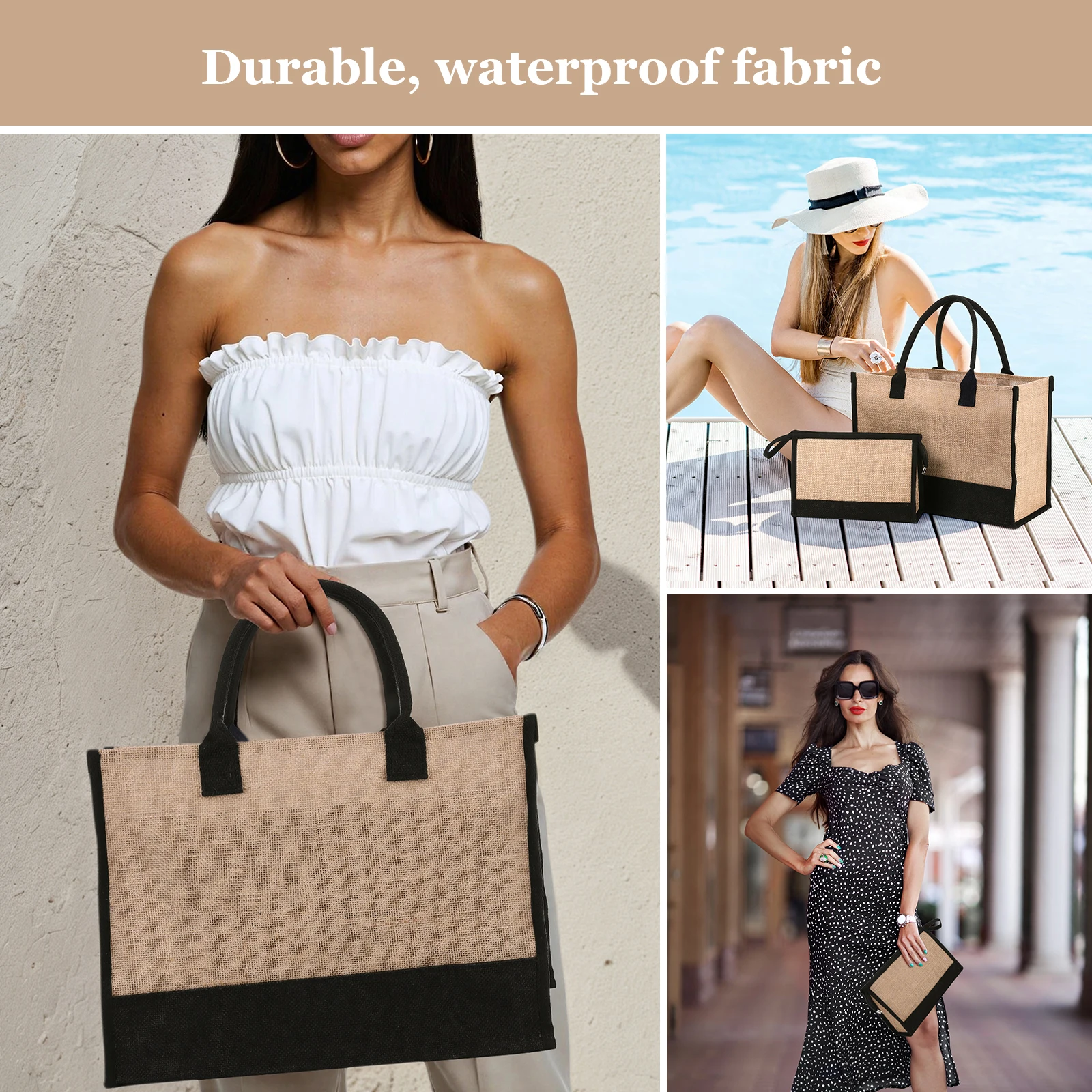 Women Shopping Bag 1Set Portable Jute Tote Bag Simplicity Large Capacity Grocery Organizer Bags Outdoor Travel Commuting Handbag
