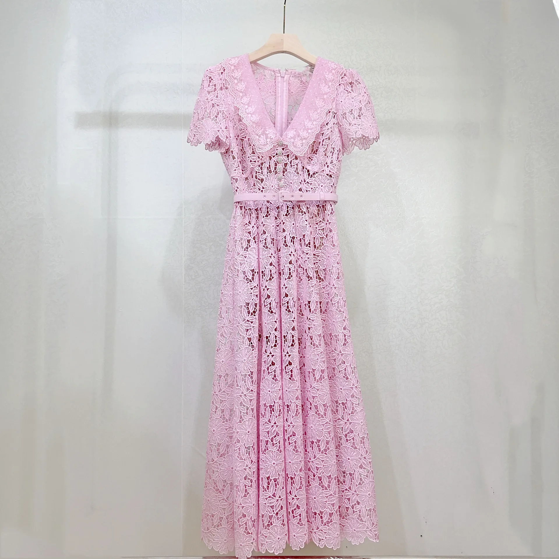 

Women Pink Midi Dress Lace Crochet Hollow Out Turn-down Collar Short Sleeve Sweet Summer 2024 Robe with Sashes