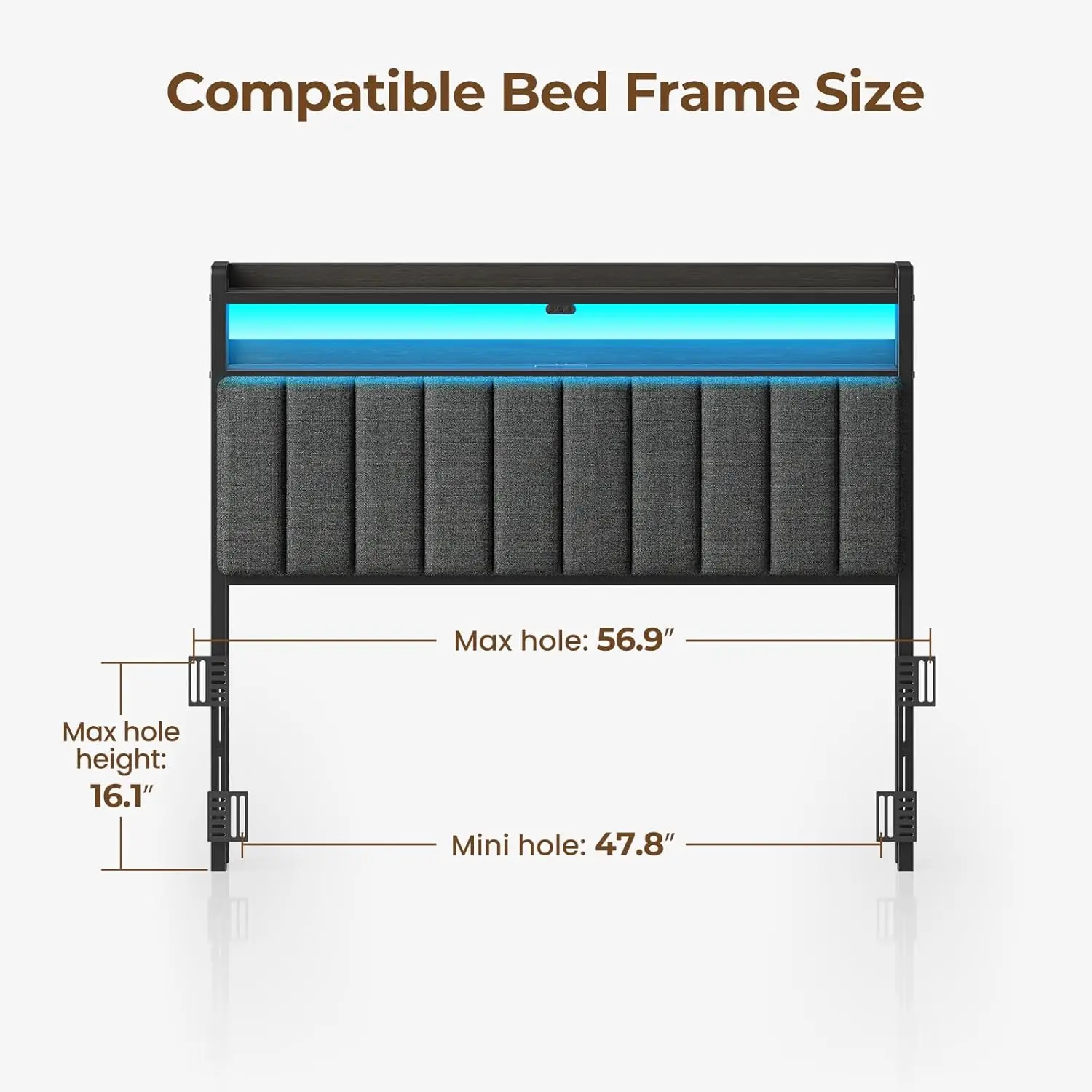 Headboard for Full Size Bed w/ Storage, 60,000 DIY Color of LED Light, Head Board with USB & Type C Port, Height Adjustable