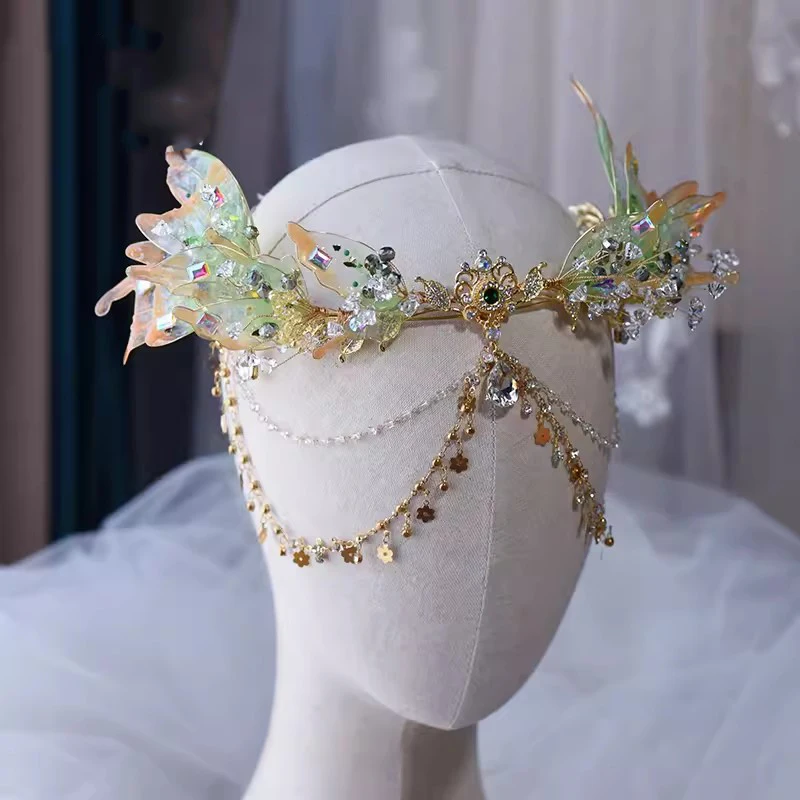 Light Green Mermaid Princess Hair Crown  Hanfu Ancient Forehead Decoration Super Fairy Bride Fly Wing Headdress Accessory