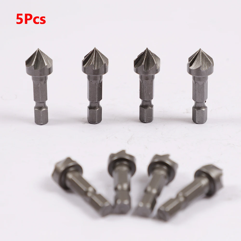 

5Pcs 6 Flute 90 Degree Countersink Drill Chamfer Bit 1/4" Hex Shank Carpentry Woodworking Angle Point Cutting Cutter Remove Burr