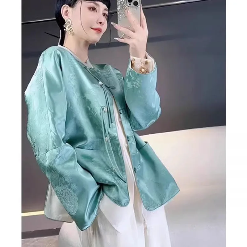 

Ele Blue Print Coat Button Chic Early Spring New Sle Chinese Zen National Sle Women's ort Outerwear round Ne Long...