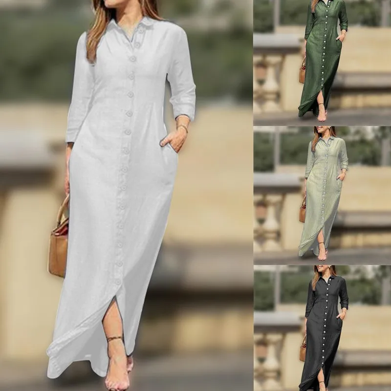 Women's Dress Single Breasted Temperament Long Sleeved Robe Retro Long Style Solid Color Casual Dress Button Up Shirt Long Style