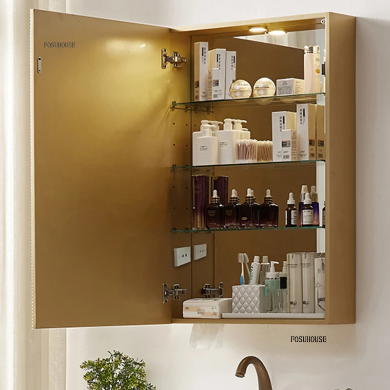Light Luxury Smart Bathroom Cabinets Wooden Makeup Mirror with Light European Wall Mounted Mirror Cabinet Modern Home Furniture