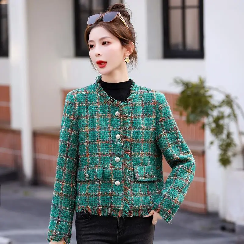 

2024 New Fashion Short Green Plaid Jacket Spring Autumn Women's Jacket Coarse Tweed Woven Woolen Coat Tops Slim Female Outerwea