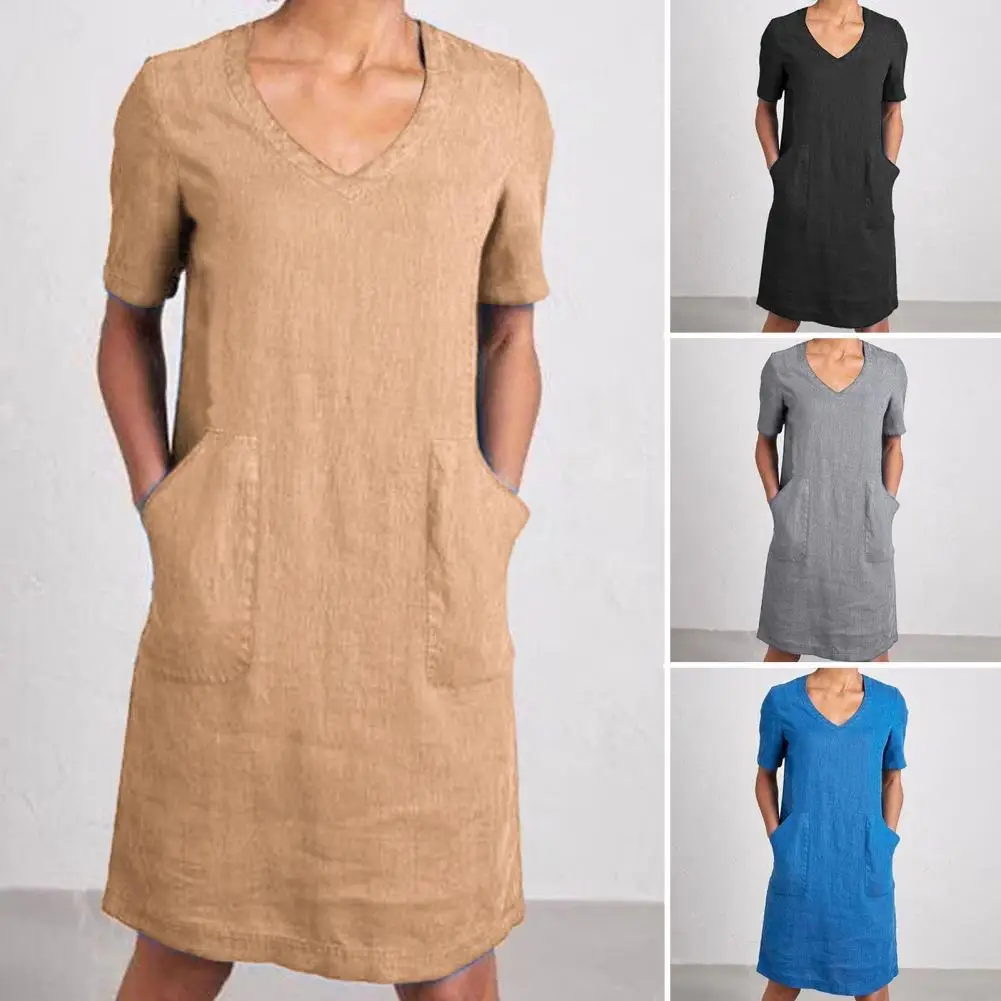 فستان نسائي من القطن والكتان فستان صيفي بياقة على شكل V وأكمام قصيرة فستان متوسط الطول كاجوال مع جيوب ملابس يومية