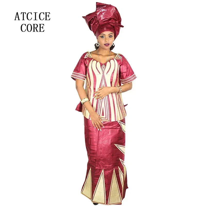 

African Dresses For Women African Fabric Bazin Riche Embroidery Design Dress Long Dress With Headtie African Clothes