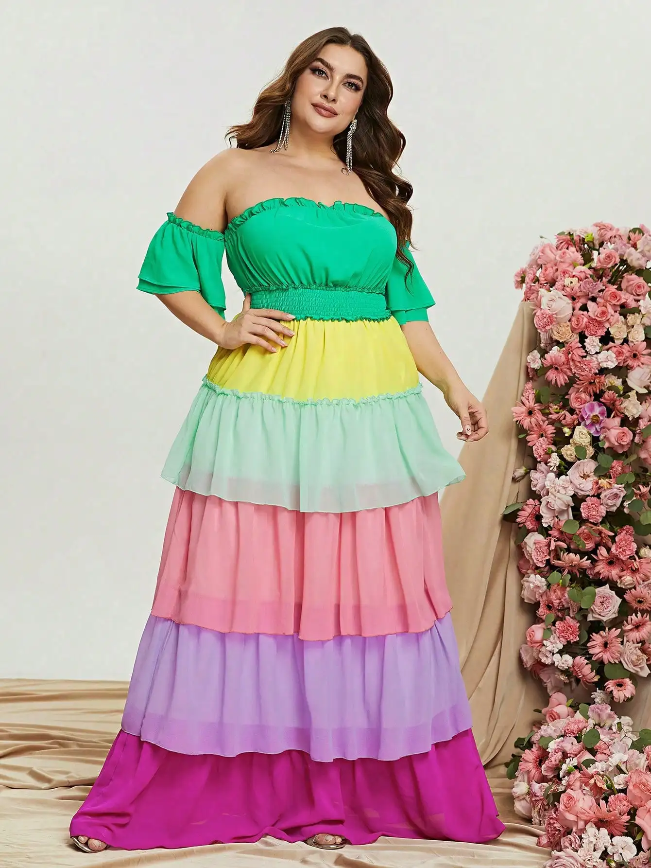 Vestidos en capas de gasa con manga con volantes, hombros descubiertos, bloque de Color