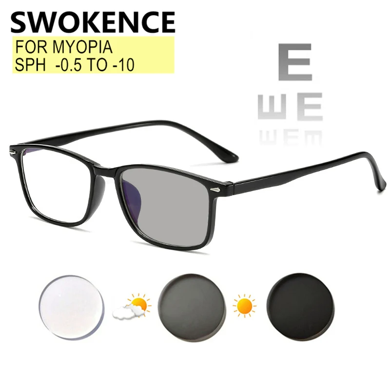 

SWOKENCE Myopia Glasses Prescription -0.5 to -10 Women Men TR90 Frame Blue Light Proof Photochromic Nearsighted Spectacles F053