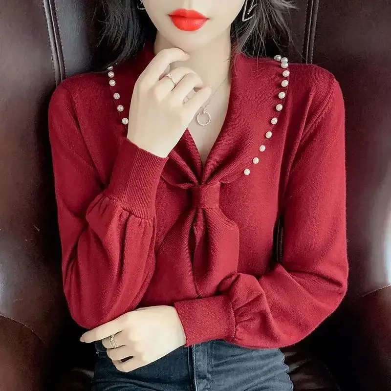 بلوزة نسائية كورية جديدة لربيع وصيف 2025 برقبة على شكل فيونكة بلوزة نسائية بأكمام طويلة ورقبة على شكل V قميص احترافي للمكتب للسيدات #4