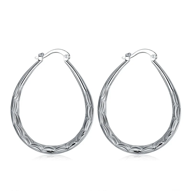 Charm 925 Sterling Silver 33MM Texture U Hoop Earrings For Women Fashion Party Favors Wedding Jewelry Wholesale