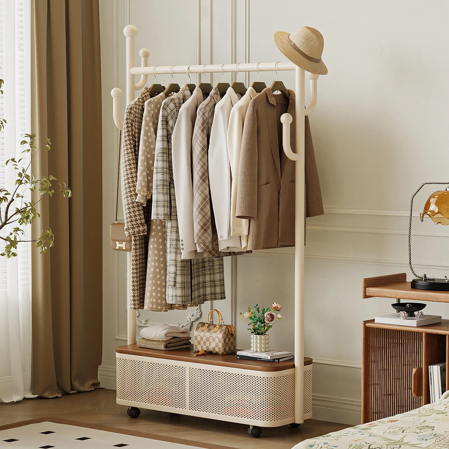 Household coat rack Practical hanger Mobile storage Solid wood walnut cactus hanger