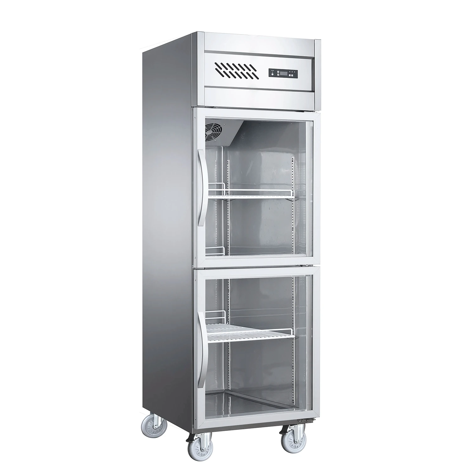 NE-805 Commercia Home Kitchen Air Cooled Fridge 450L Stainless Two Glass Doors Thermostat Reach In Refrigerator Bins