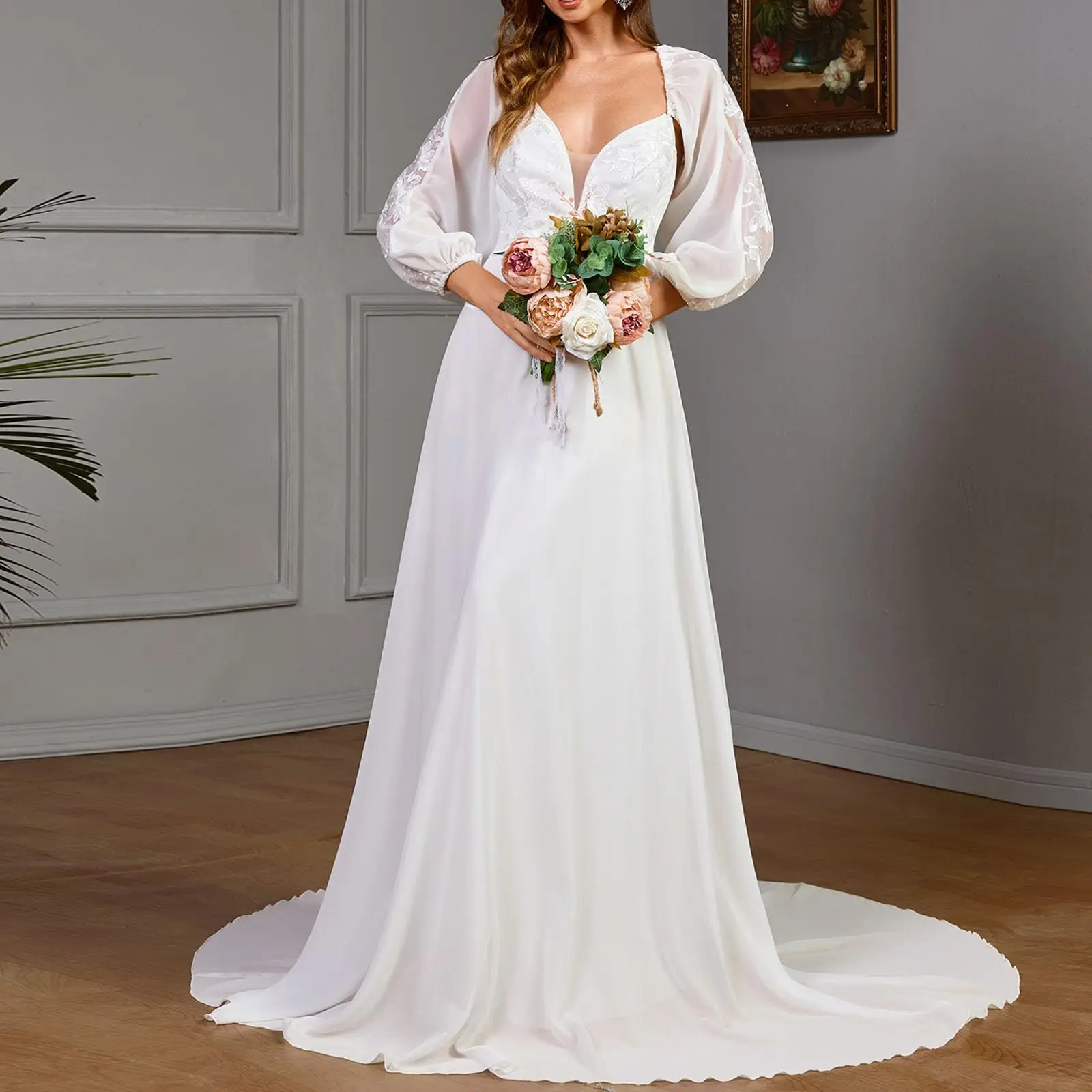 Mulheres elegantes branco maxi vestidos formais sexy rendas manga longa vestido de casamento até o chão vestidos de festa à noite de baile