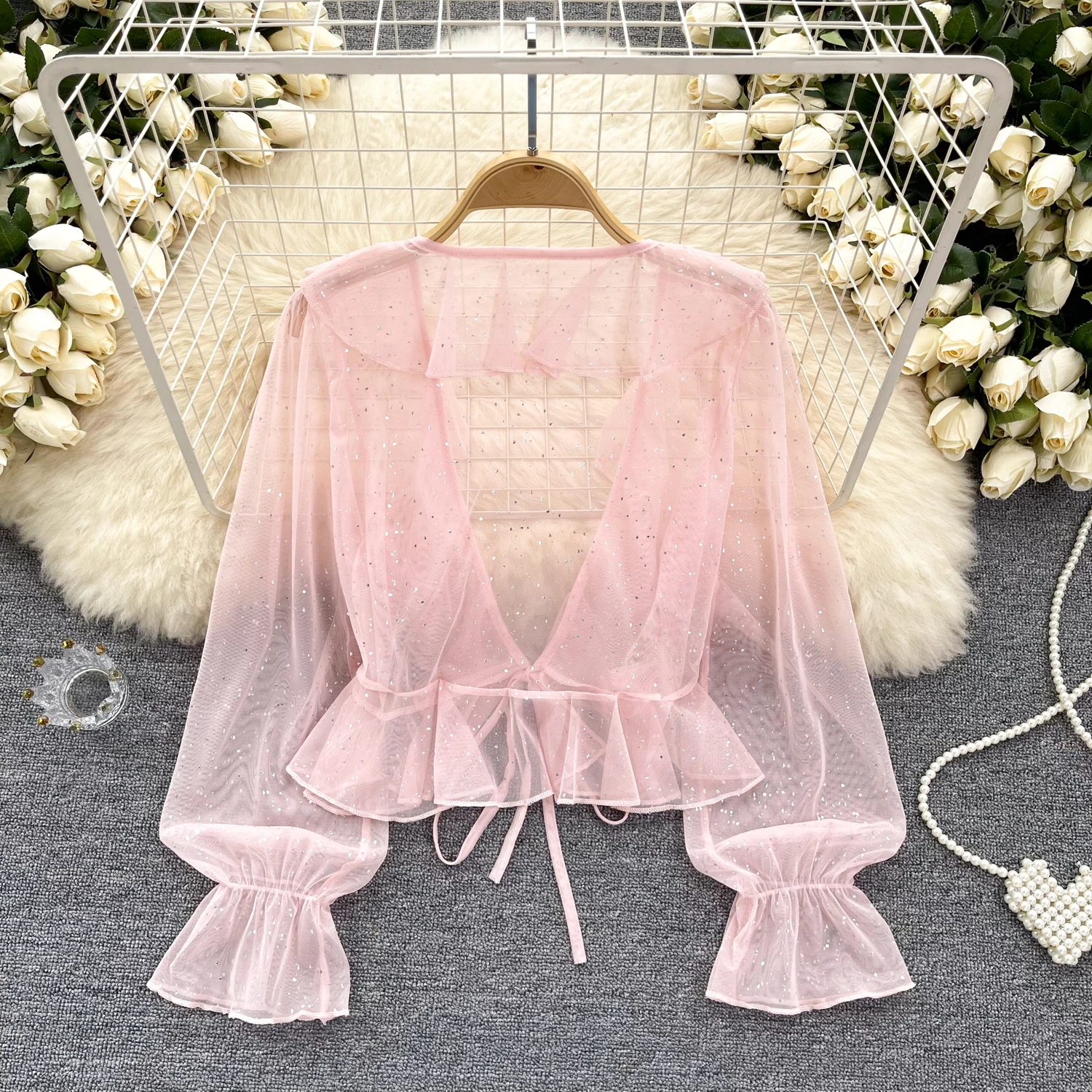 Vintage sweet Lantern Sleeve Hollow Out Ruffle Halter V-neck Blouse Elegant Korean Fashion Spring Summer Women Shirt