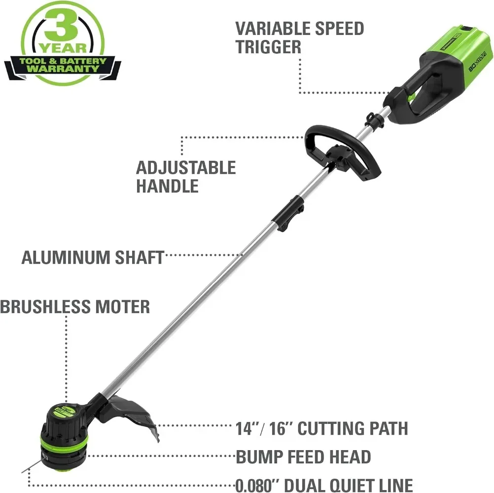 80V 16 Inch Brushless String Trimmer, 2.0Ah Battery & Rapid Charger Included, ST80L210