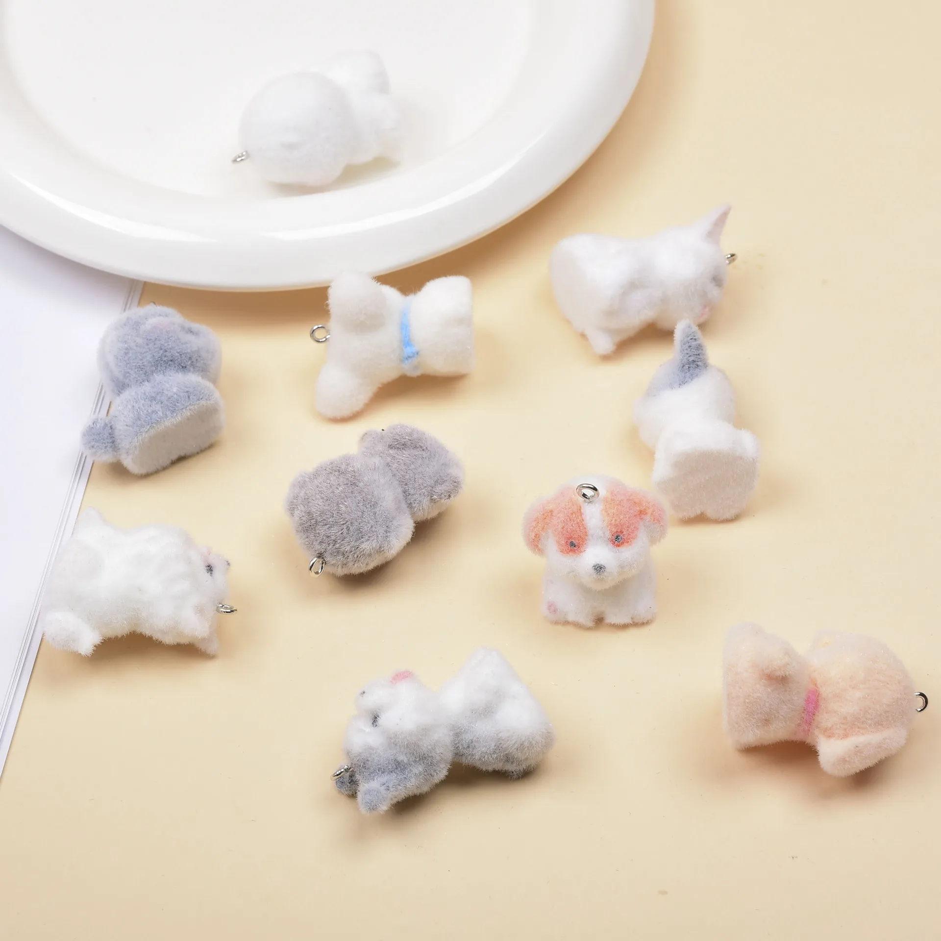 16PCS Flocking resin Charms 3d Cute Plush animal Dog Pendant for make necklace bag Keychains diy crafts Jewelry make material