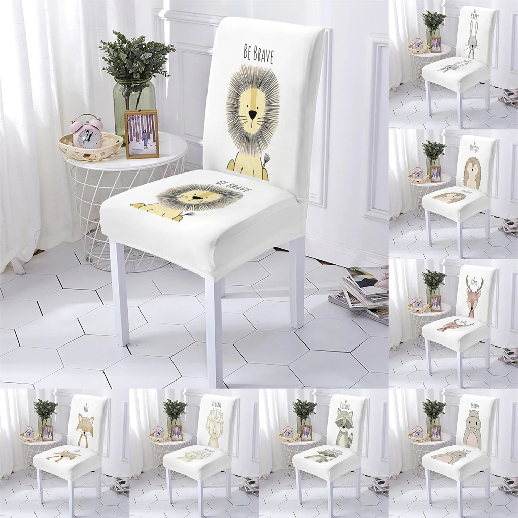 

Cartoon Animal Style Stretch Chair Cover Lion Hedgehog Pattern High Back Spande Chair Cover For Dining Room Kitchen Chairs Cases