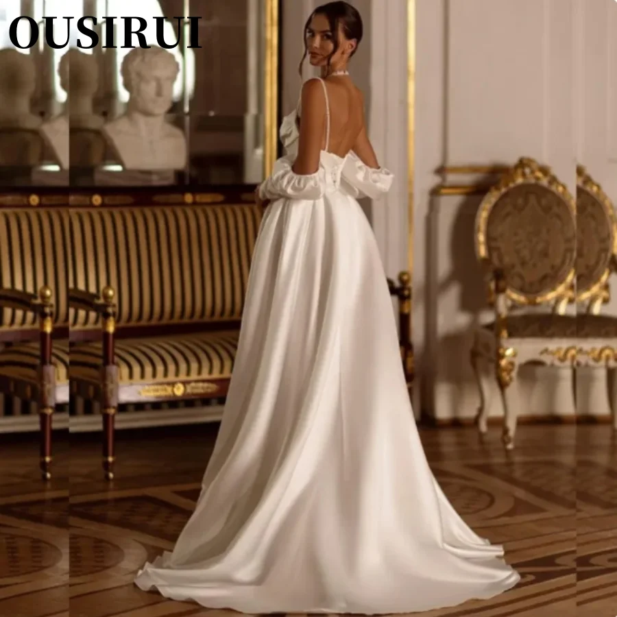 Une ligne robe de mariée perles paillettes plissé robe de mariée avec fente nouveau superbe hors de l'épaule à manches longues Boho Vestido de novia