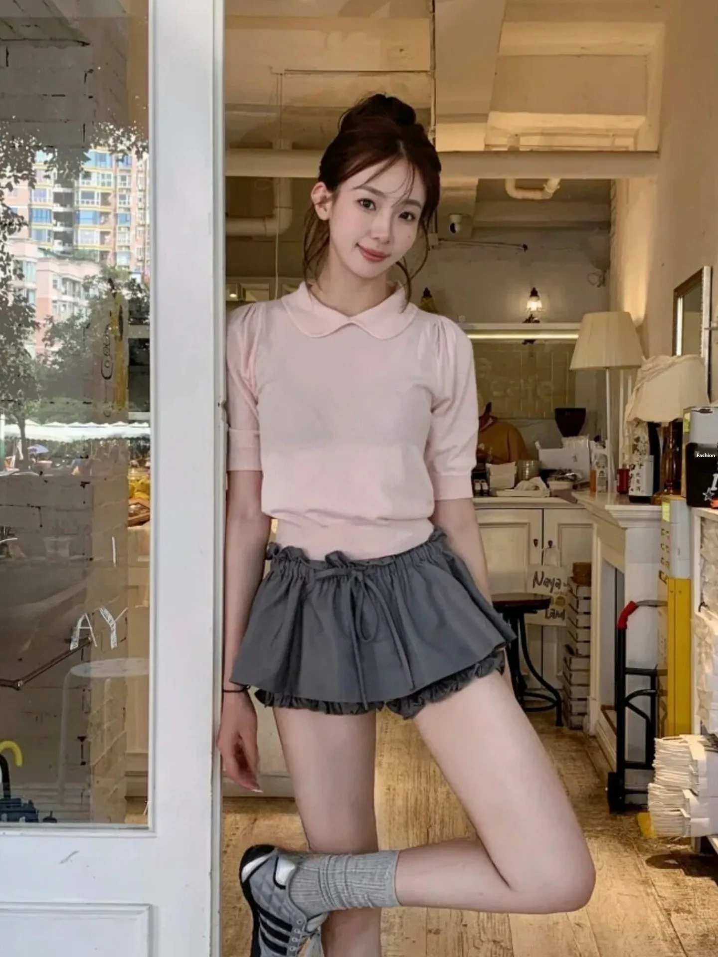 

Korean Sweet Personality Women's Outfit Short Sleeve Doll Collar Midi Skirt Two-Piece Set Fashionable Summer Ensemble