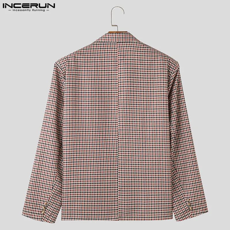 INCERUN Men Clothing Fashion Plaid Long Sleeve Men Thin Blazer Autumn Suits Male Streetwear Oversized Lapel  Outerwear S-5XL