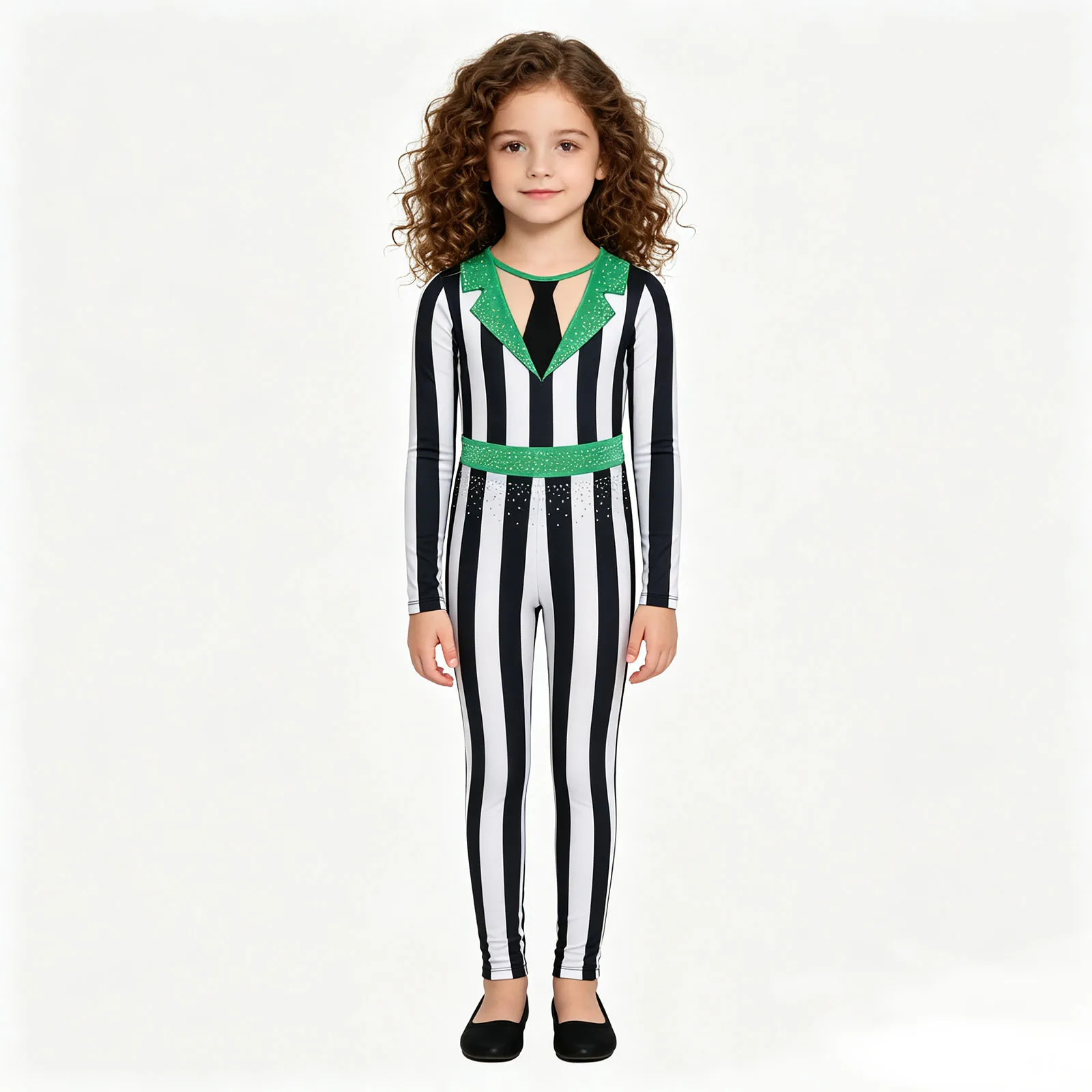Kid Girls Halloween Characters Stripe Jumpsuit Shiny Rhinestone Color-blocked Full Length Bodysuit Circus Clown Magician Costume