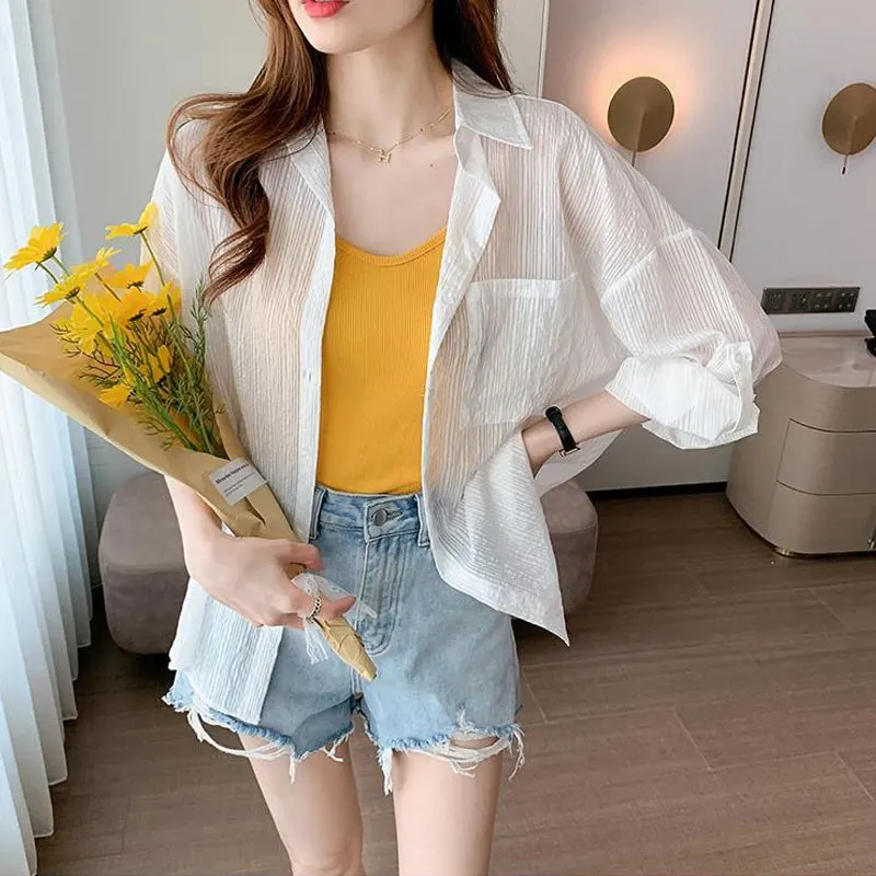 Streetwear Loose Single-breasted Shirt Spring Summer New Turn-down Collar Spliced Female Clothing Stylish Striped Pockets Blouse