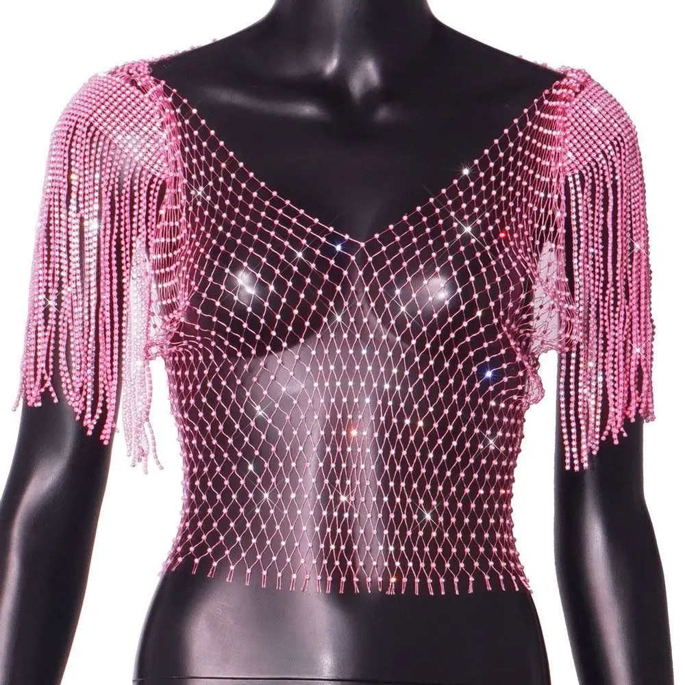 with Tassel Shawl Fishnet Glitter Top Rhinestone Sex Appeal Rhinestone Fishnet Tops Mesh Mesh Drill Rhinestone Fishnet Cover Ups