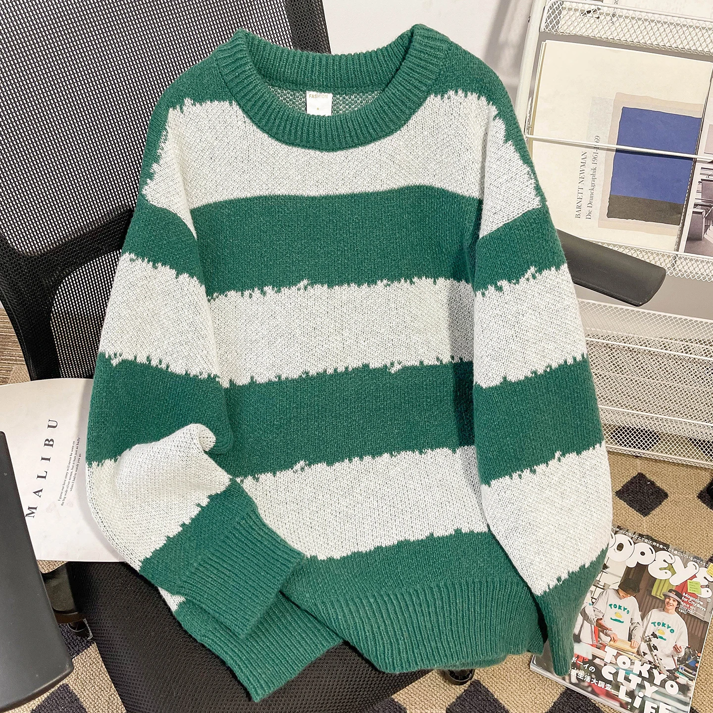 

Мужской вязаный свитер в полоску свободного кроя, осенне-зимний, винтажный, в корейском стиле, с круглым вырезом, базовый слой, топ