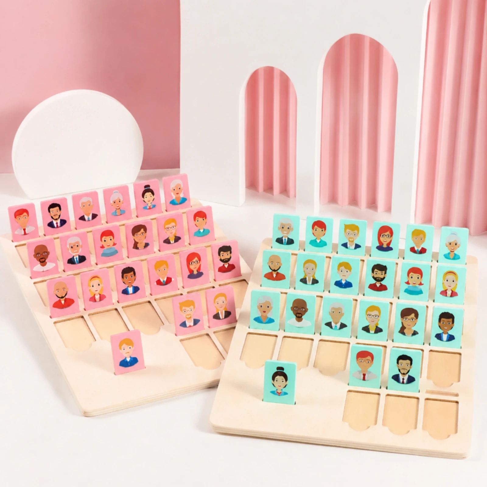 

Memory Matching Game Basswood Guess Who Game Illustrated Character Faces Instruction Booklet for Children 36 Months and Up